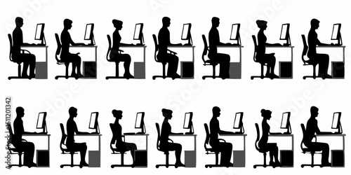 Silhouettes of people sitting at desks with computers in a repetitive pattern showing office workers at work |eps vectors