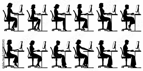 Silhouette illustrations of women sitting at desks using computers in various postures and positions at work |eps vectors