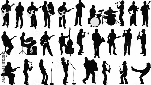 Silhouettes of musicians playing various instruments including guitar drums and saxophone on white background |eps vectors