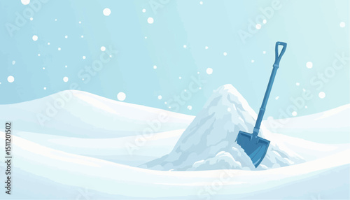 Snow Shovel and Pile of Snow in Winter Landscape