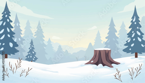 Winter Landscape with Tree Stump and Snowy Forest