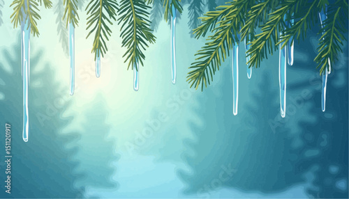 Icicle on Pine Tree Branch in Winter Forest
