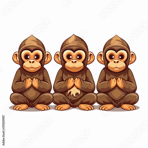 Three Wise Monkeys Cartoon Vector Illustration - Hear No Evil, See No Evil, Speak No Evil