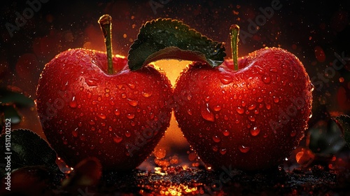 Two perfectly ripe red apples are touching each other with droplets