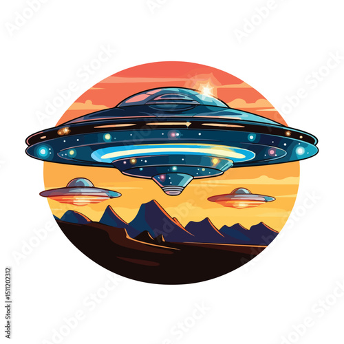 Colorful Cartoon UFO Spaceship Flying in Universe with Friendly Alien, Vector Illustration