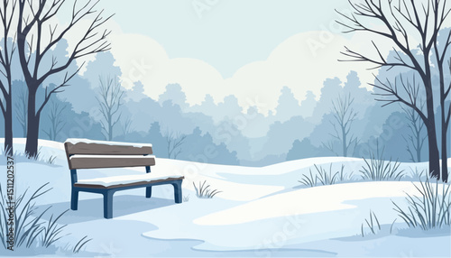 Winter Park Scene with Snow Covered Bench and Trees