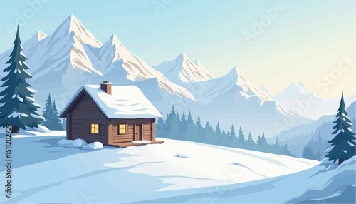 Cabin in Snowy Mountain Landscape