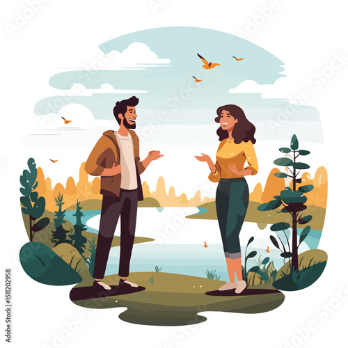 Happy Young Couple Talking and Having Fun Outdoors in Nature Setting