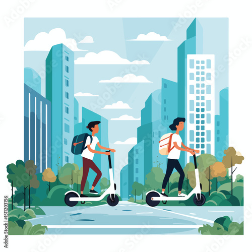 Group of Young People Enjoying Outdoor Activities with Bikes, Skateboard and Electric Scooter