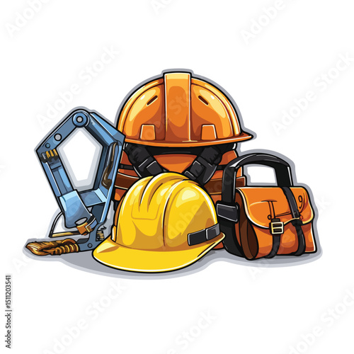 Professional Construction Worker with Helmet, Tool Belt and Hardhat - Vector Illustration