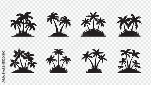 Tropical summer beach paradise with a set of palm tree silhouettes against a vibrant sunset sky