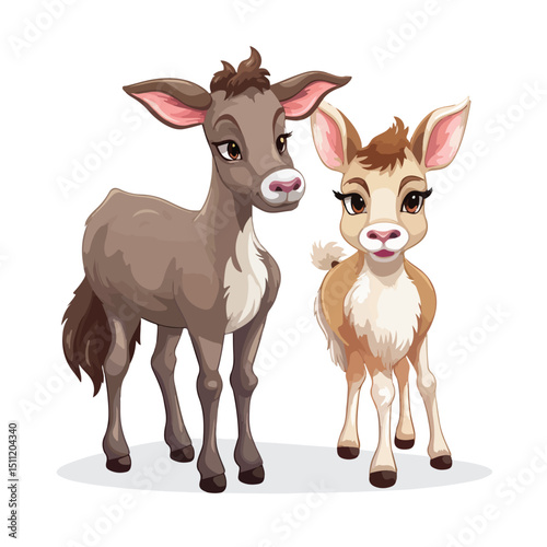 Charming Cartoon Illustration of a Donkey with a Cow in a Farm Setting
