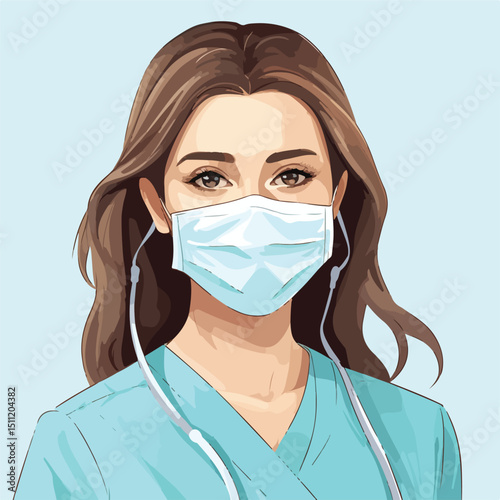 Professional Female Doctor Wearing Medical Mask Vector Illustration in a Clinic Setting