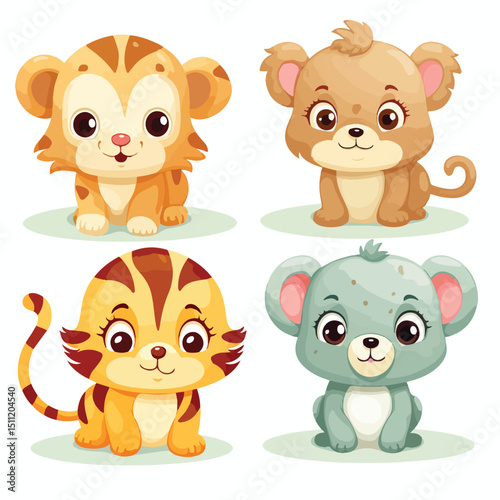 Adorable Cartoon Animals Baby Characters in Group - Stock Vector Illustration