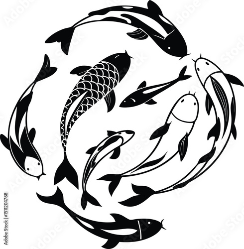 A circular arrangement of black and white koi fish swimming in a stylized and decorative pattern design