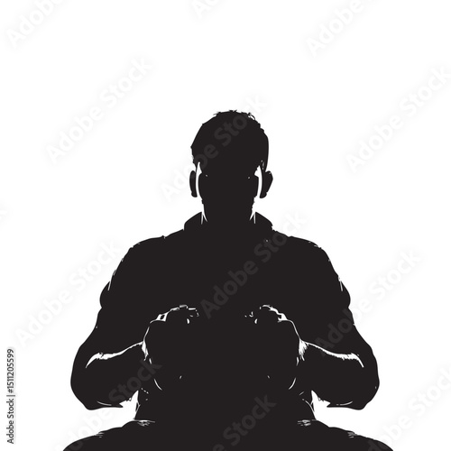 Man in dark room, silhouette with video game and winning isolated in White background