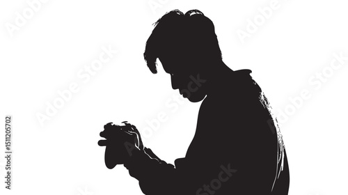 Man in dark room, silhouette with video game and winning isolated in White background