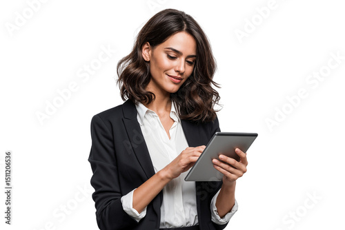 Businesswoman using a digital tablet. Isolated on transparent background, ideal for business, technology, and professional workplace concepts