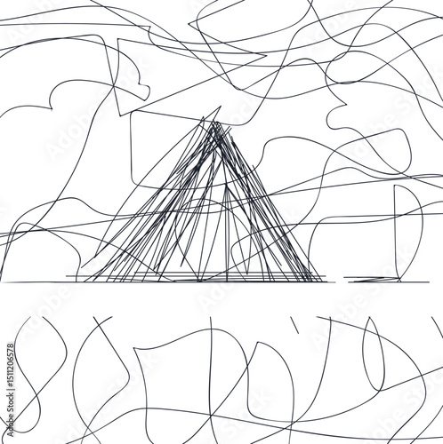 Simple sketch with tangled lines and pyramid