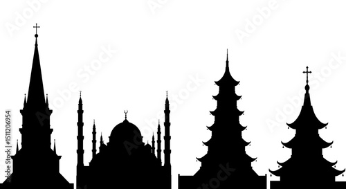 Silhouettes of diverse religious buildings against a white background view