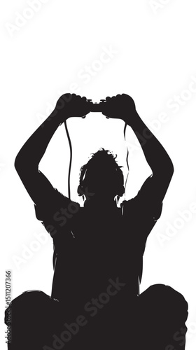Man in dark room, silhouette with video game and winning isolated in White background