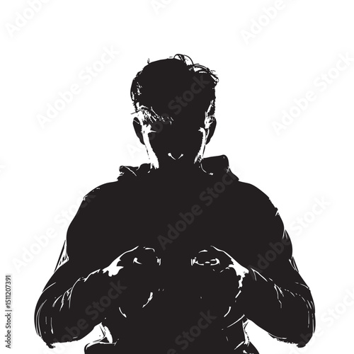Man in dark room, silhouette with video game and winning isolated in White background