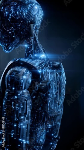 Futuristic humanoid form with glowing circuit patterns, depicting advanced technology, artificial intelligence and future possibilities.