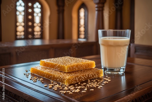 Sesame Candy - Saudi Arabian Food offers a perfect balance of crunch and sweetness, combining roasted sesame seeds with caramelized syrup in a beloved snack from Saudi culinary heritage. photo