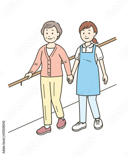 手すりを持ちながら笑顔で歩行訓練をする高齢女性と女性介護士のイラスト