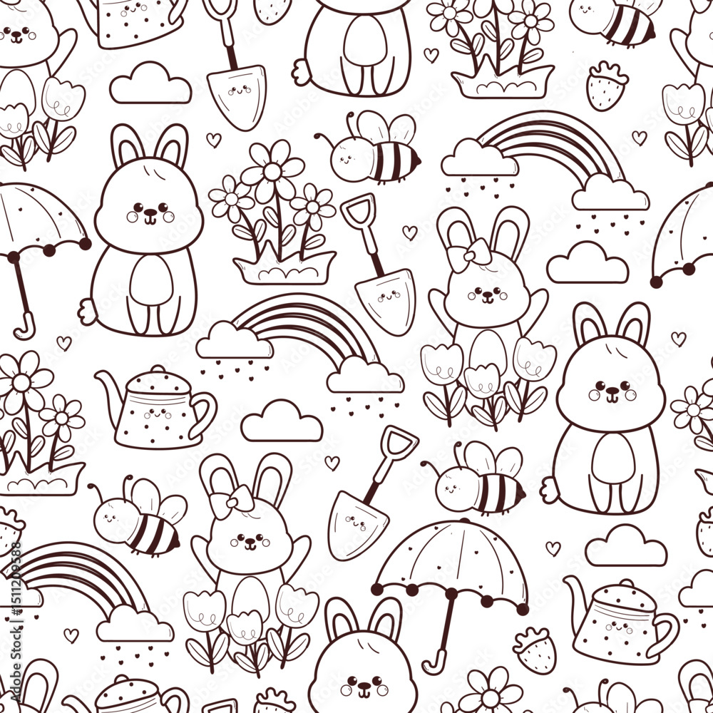 Obraz premium seamless pattern cute cartoon bunny with bees and spring stuff. cute black and white animal drawing for spring wallpaper and background