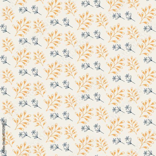 Seamless Floral Pattern with Navy and Yellow Flowers on Cream Background