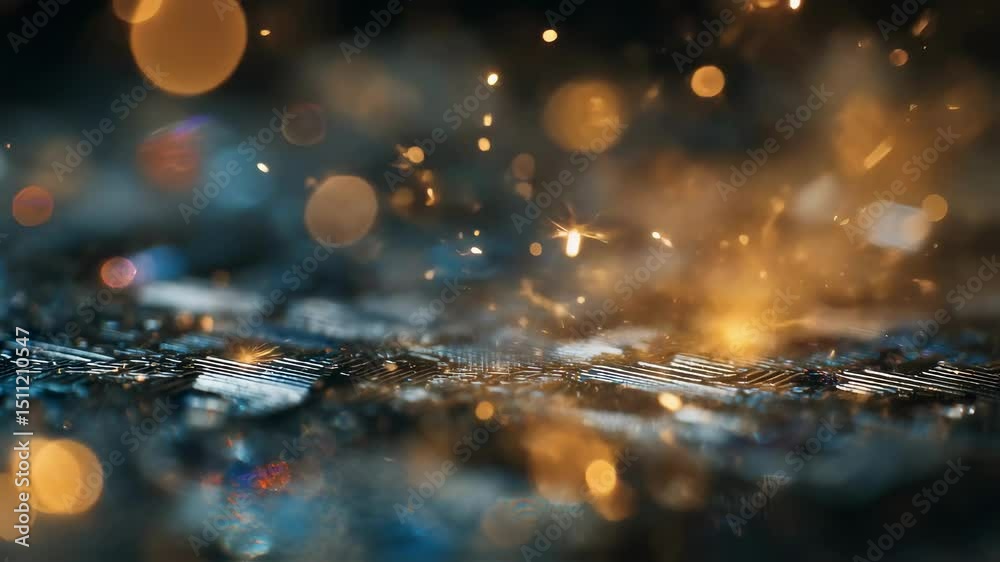 Luminous particles gently cascading and bouncing across electronic circuit board surface, generating mesmerizing bokeh visualization with warm and cool color spectrum