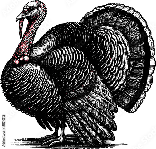 Thanksgiving turkey, majestic bird with detailed feathers and wattle. engraving style  fine and cross-hatching lines perfect for holiday invitations and labels.