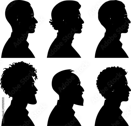 Diverse Male Profile Silhouettes, Vector Side View Portraits with Varied Hairstyles and Beard Styles