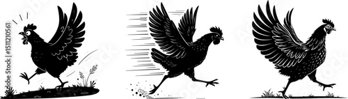 Funny Running Chicken Silhouettes, Comical Black Hen Vector Clipart for Farm and Cartoon Designs