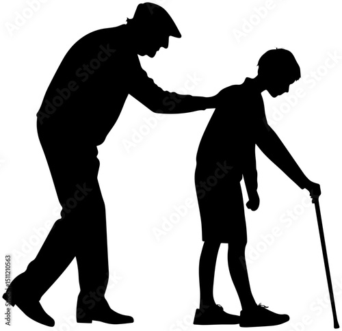 Elderly Man Helping Disabled Child Silhouette, Generational Support and Compassion Vector Illustration