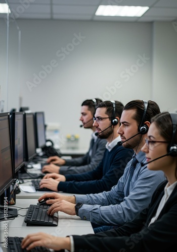 Employees Using Computers With Headsets In A Call Center Office