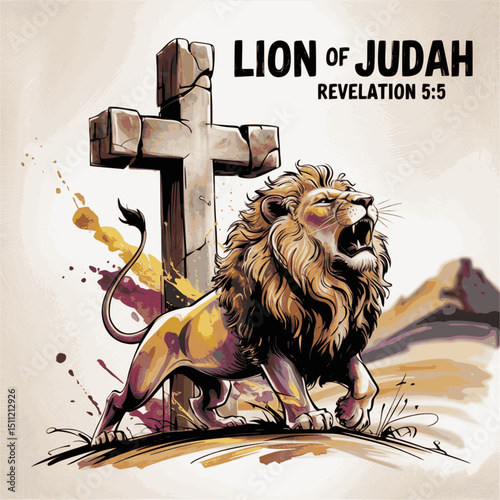 Do Not Weep – The Lion of the Tribe of Judah Has Triumphed” – Revelation 5:5 Illustration – Roaring Lion with Ancient Cross in Regal Watercolor and Ink Style , lion of judah