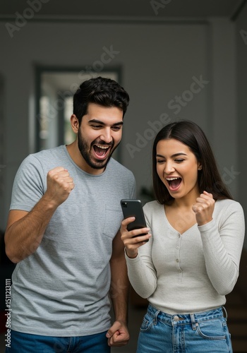 Excited Couple Celebrate Winning with Mobile Phone Indoor Portrait