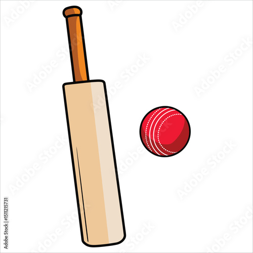 Cricket bat and red cricket ball vector illustration. Traditional sports equipment for matches and training sessions.