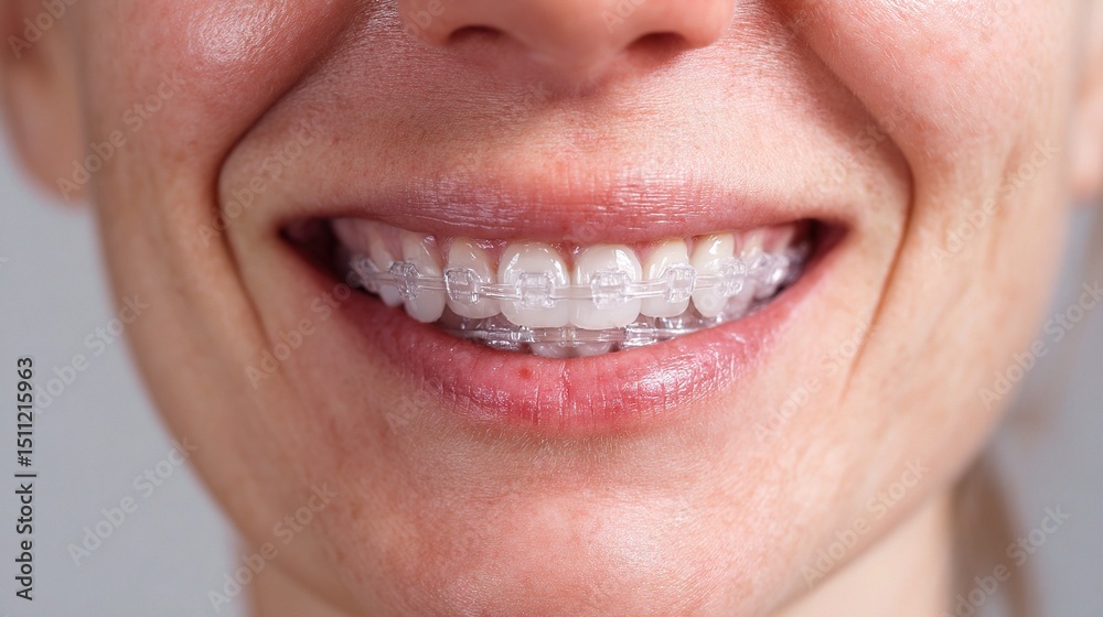 Fototapeta premium Smiling Portrait of a Woman with Clear Braces and Genuine Happiness