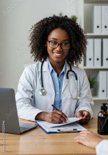Realistic Image of a Black Doctor Giving Prescription at Workplace