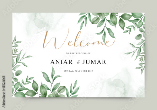 Watercolor green plant welcome sign wedding invitation template