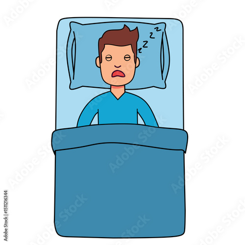Cartoon man peacefully sleeping in bed with closed eyes. Relaxed expression and sleep symbols. Flat vector of healthy rest and deep sleep at nigh