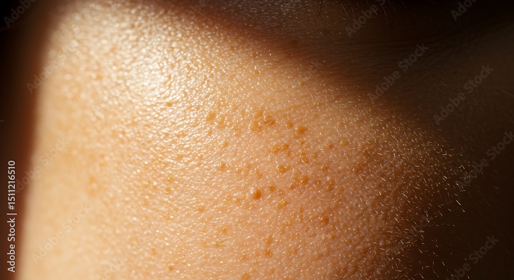 Fototapeta premium Close-Up of Sweaty Human Skin with Visible Pores and Sweat Glands Reflecting Sunlight Demonstrating Texture Detail in Warm Light Skin Imperfection Portrait