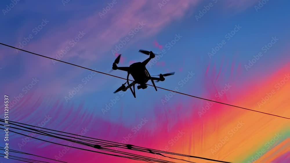 Dynamic quadcopter flying over power lines during vibrant sunset, creating colorful light trails against dramatic sky with gradient hues representing technological creativity and aerial perspective