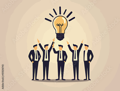 Five businessmen celebrating an idea with a light bulb overhead.