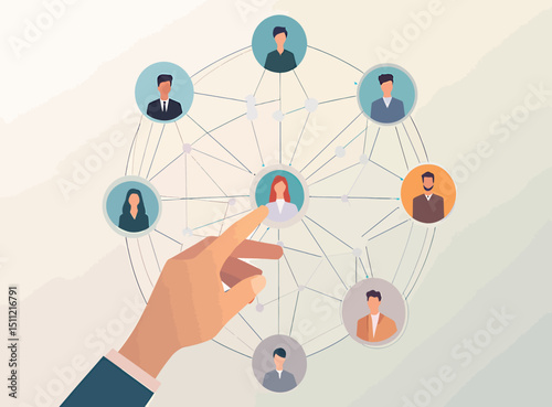 Hand interacting with a network of diverse professional avatars in a digital setting.