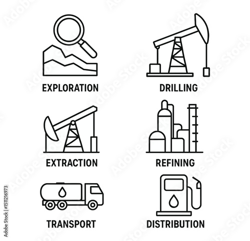 Oil and Gas Production Process Icons – Black and White Vector Line Art Set