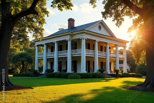 Grand antebellum plantation house with sprawling columns, lush gardens, and a wide veranda, bathed in golden sunlight A picturesque example of Southern architecture , ornate, sky, idyllic